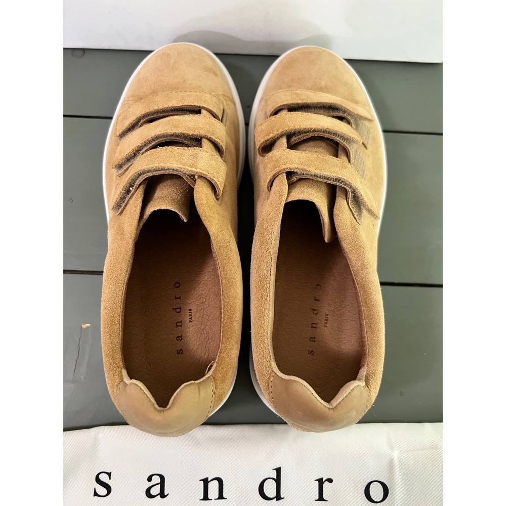 New in Box SANDRO Paris Women's Sneakers Suede Leather Mocha Cream Size 39 - Picture 4 of 14